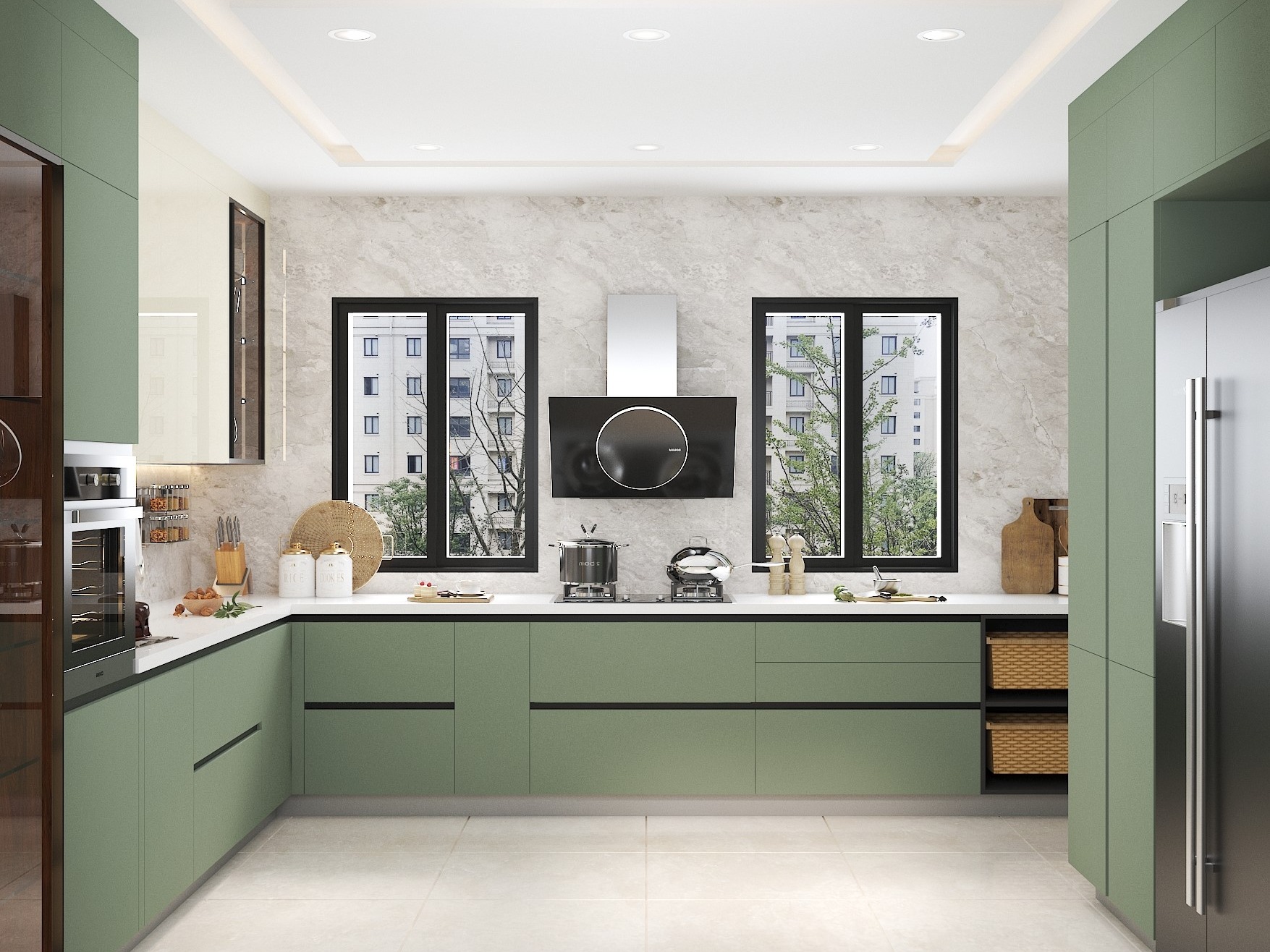 Modern green kitchen with marble backsplash and windows - Beautiful Homes