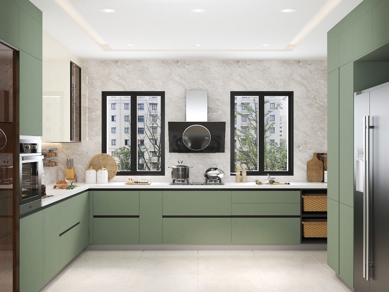 Modern green kitchen with marble backsplash and windows - Beautiful Homes