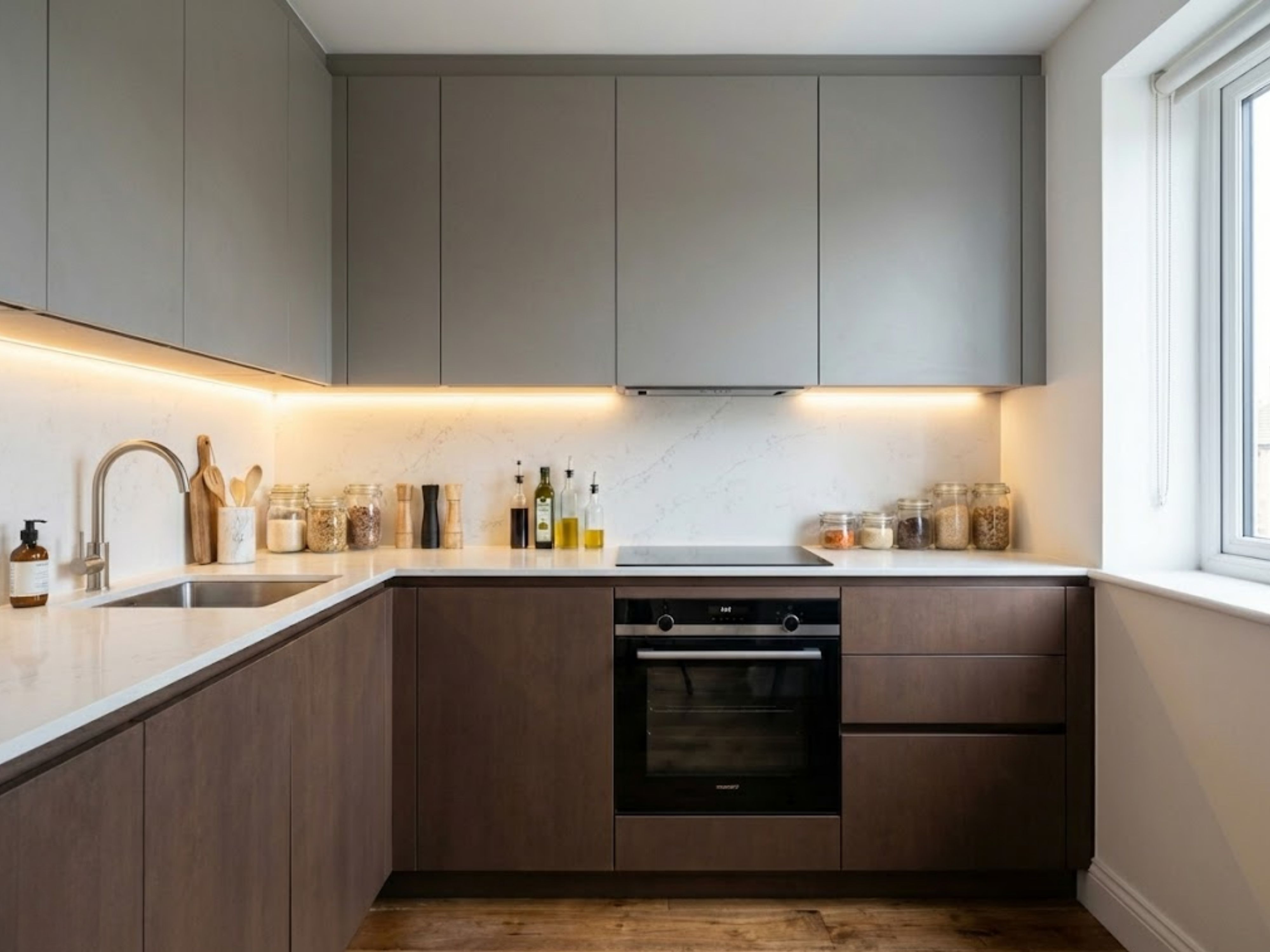 Modern kitchen with marble counters and wooden cabinets - Beautiful Homes