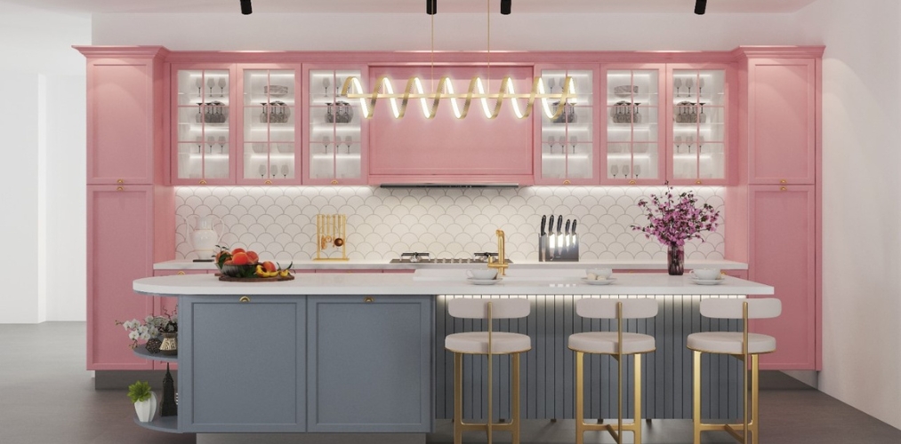 Grey and pink island kitchen with white backsplash tiles and glass cabinets-Beautiful Homes