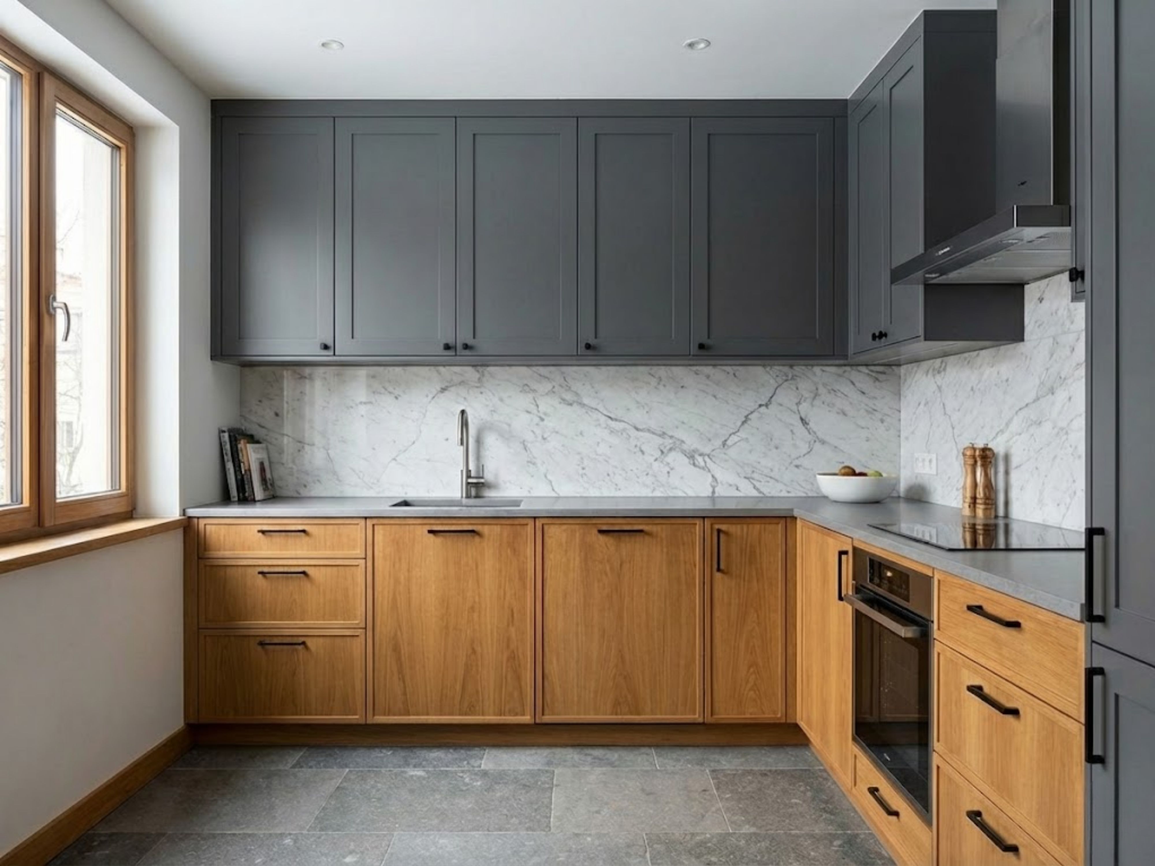 Kitchen with grey cabinets and marble backsplash - Beautiful Homes