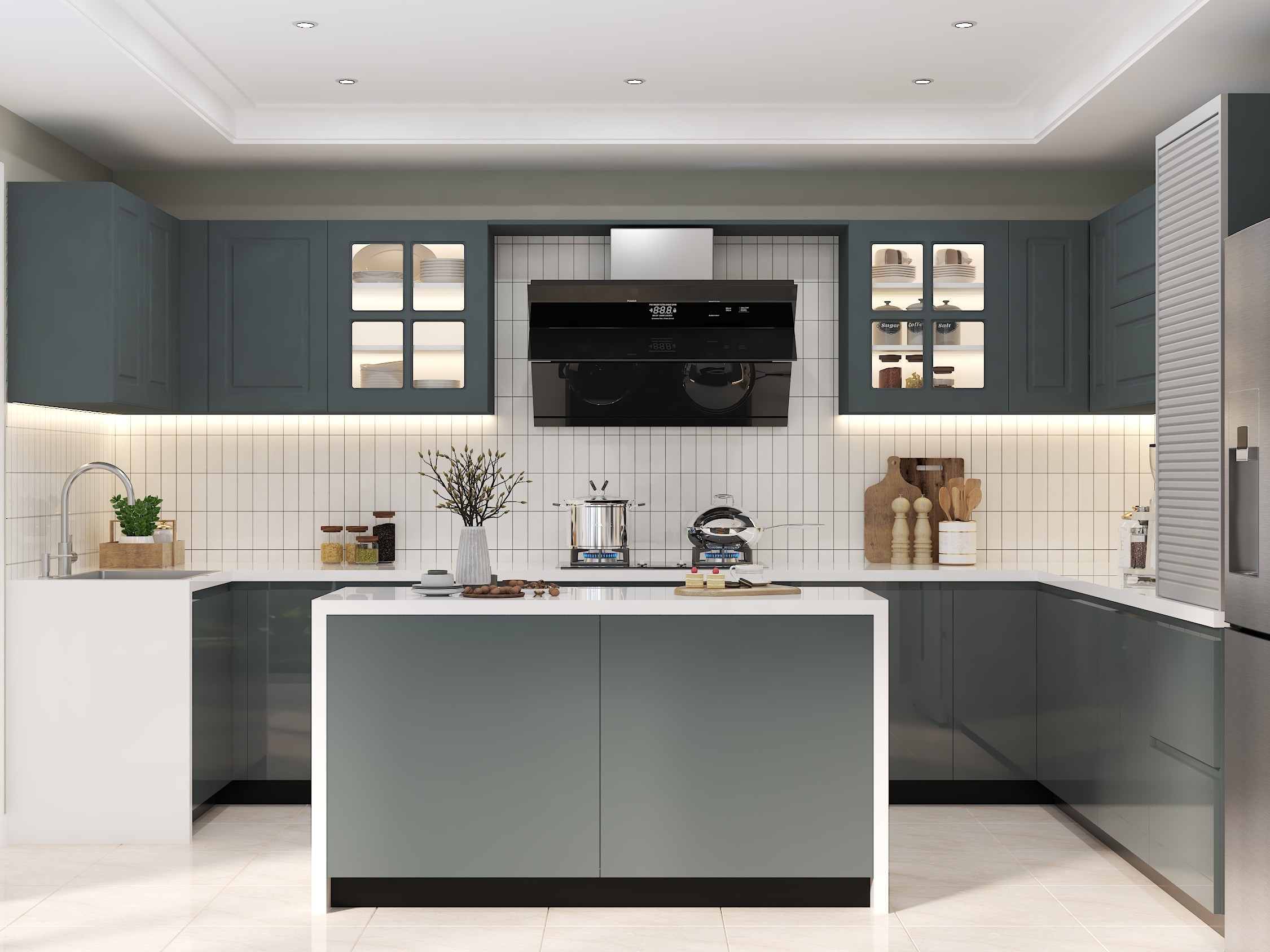 Modern kitchen with grey cabinets and island design - Beautiful Homes