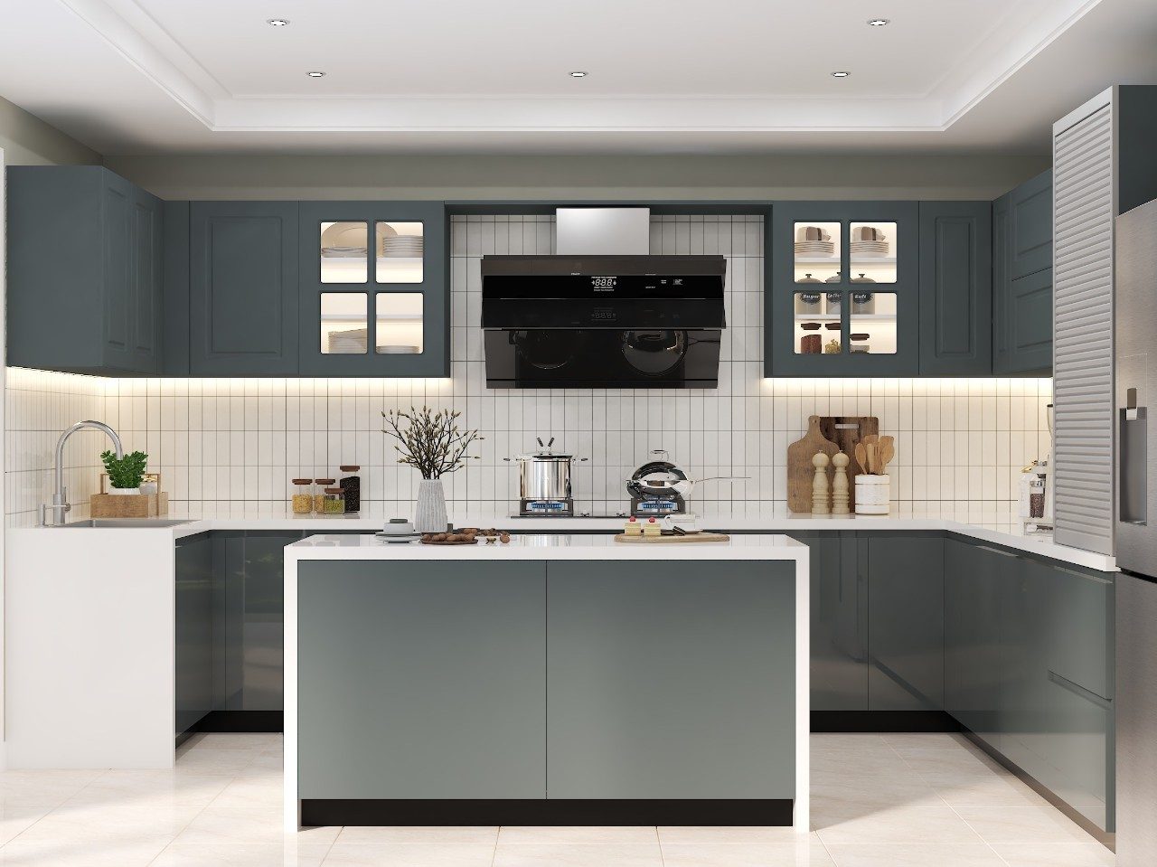 Modern kitchen with grey cabinets and island design - Beautiful Homes