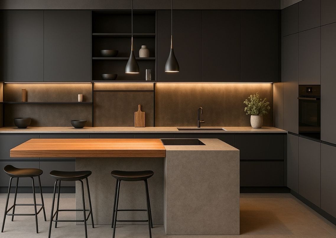 Black kitchen with island and pendant lighting - Beautiful Homes