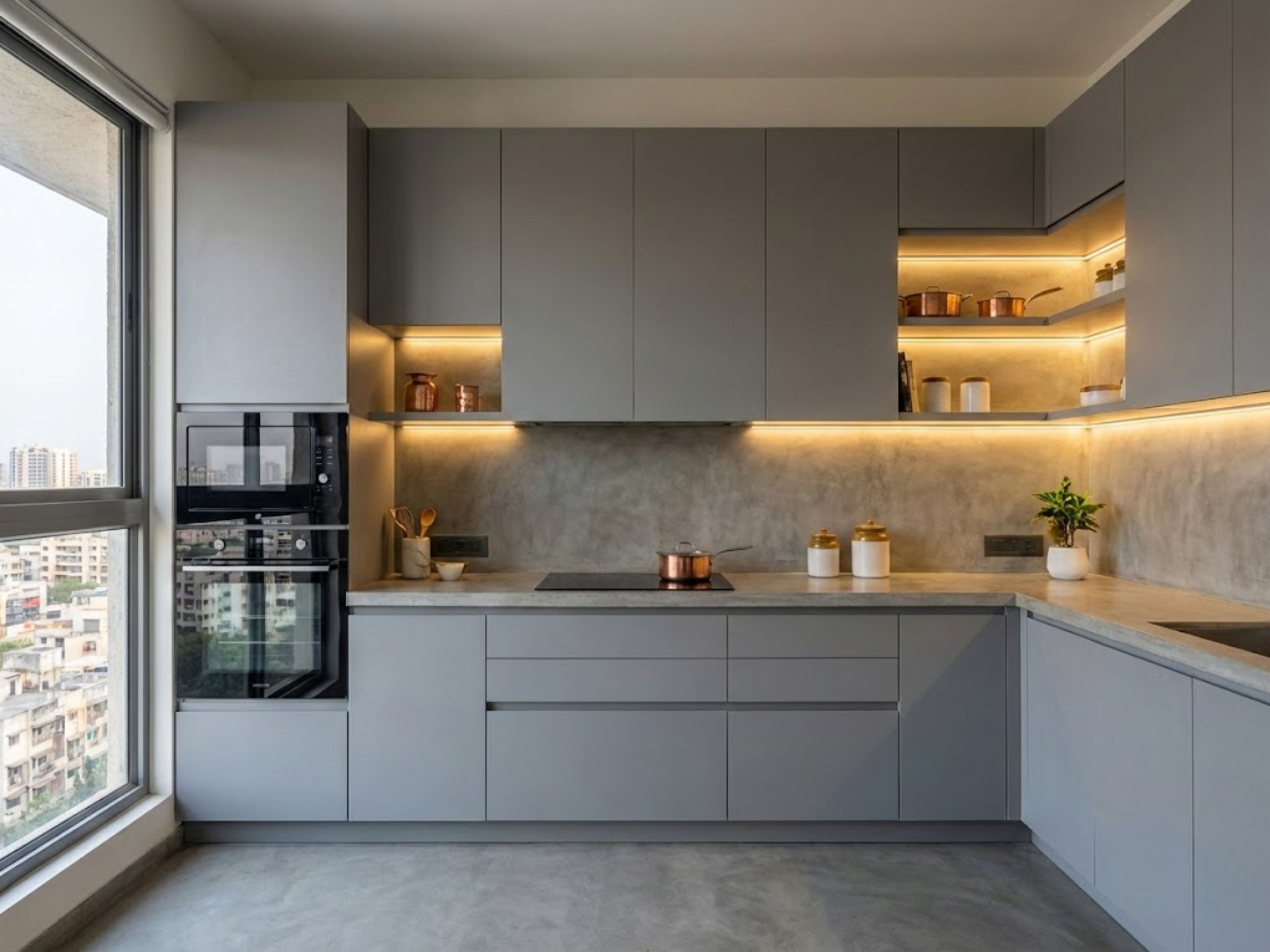 Modern grey kitchen with cove lights and marble countertops - Beautiful Homes