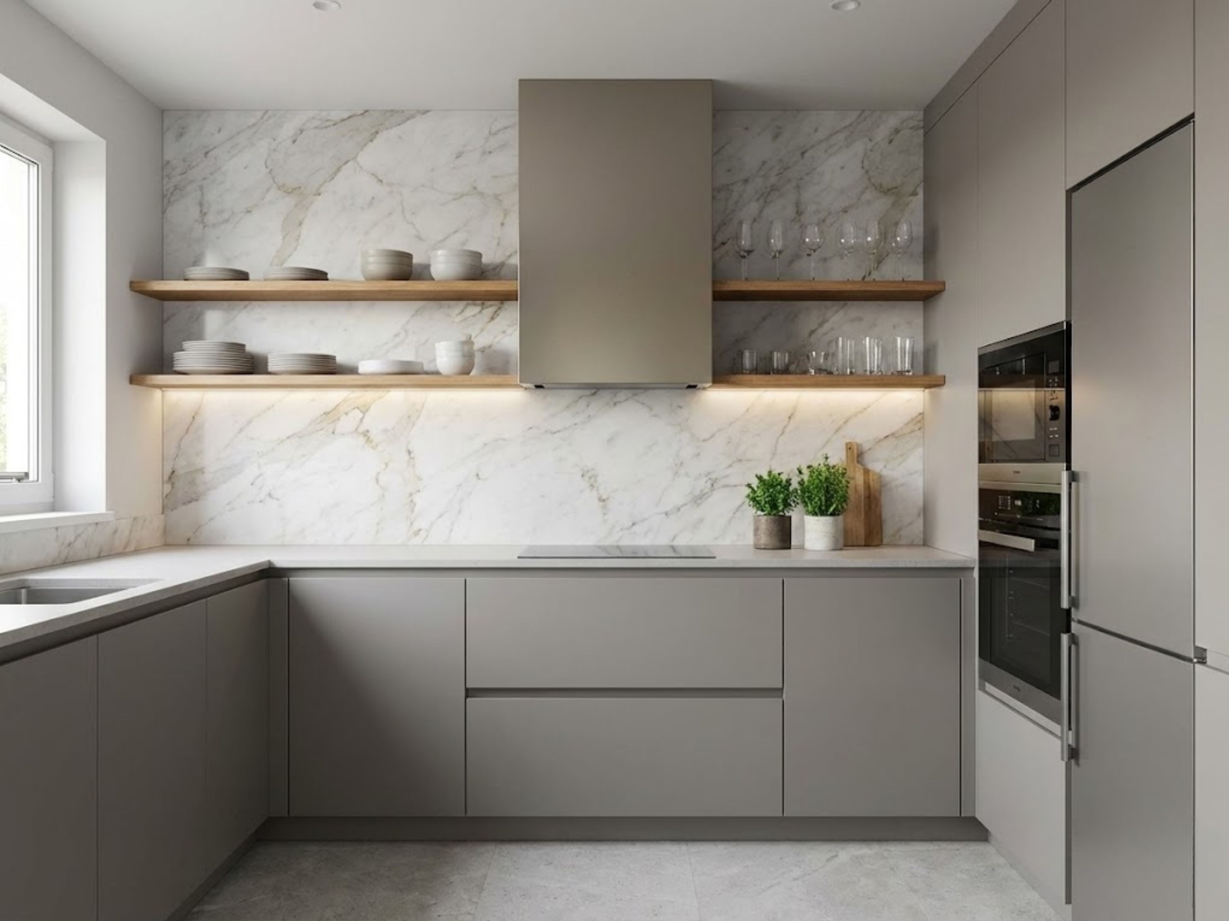 Contemporary kitchen with grey cabinets and marble wall - Beautiful Homes