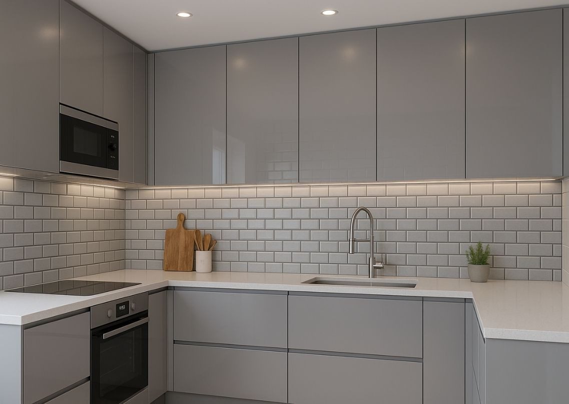 Modern kitchen with grey cabinets and marble countertop - Beautiful Homes
