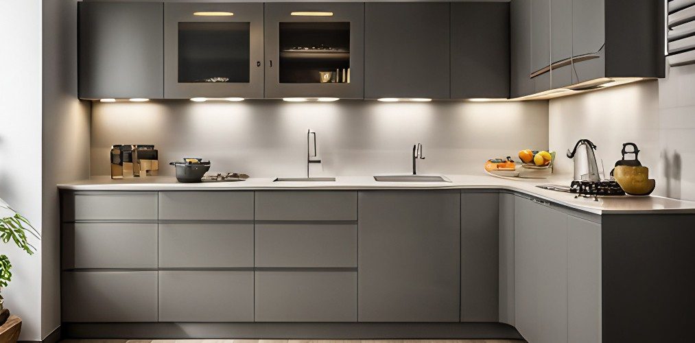 Grey kitchen design with modular kitchen cabinets-Beautiful Homes