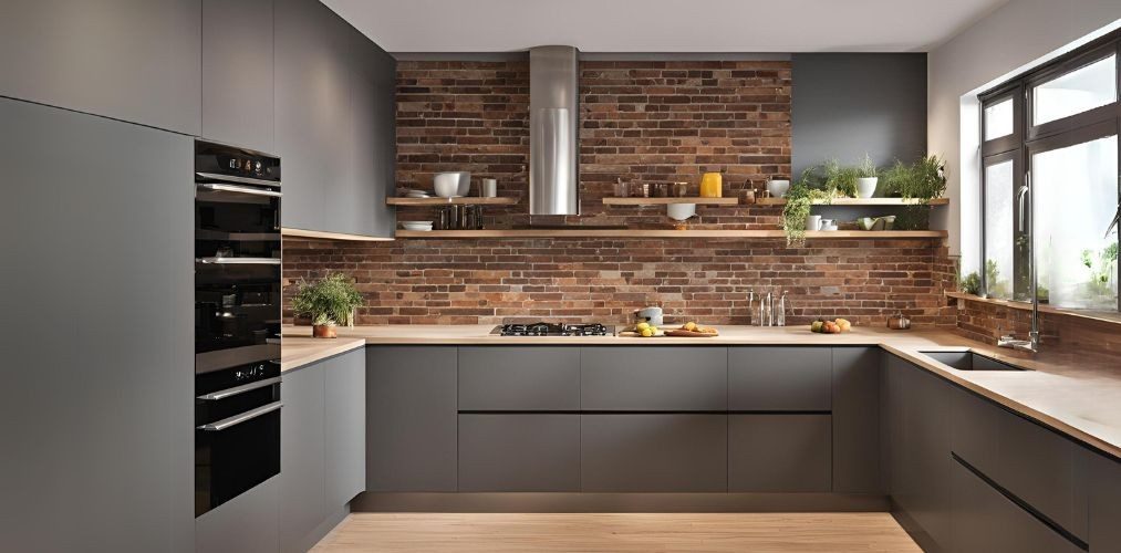 Grey modular kitchen with brick backsplash - Beautiful Homes