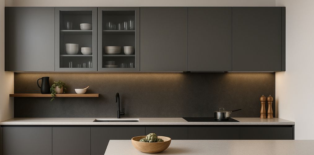 Elegant kitchen with grey cabinets and lighting - Beautiful Homes