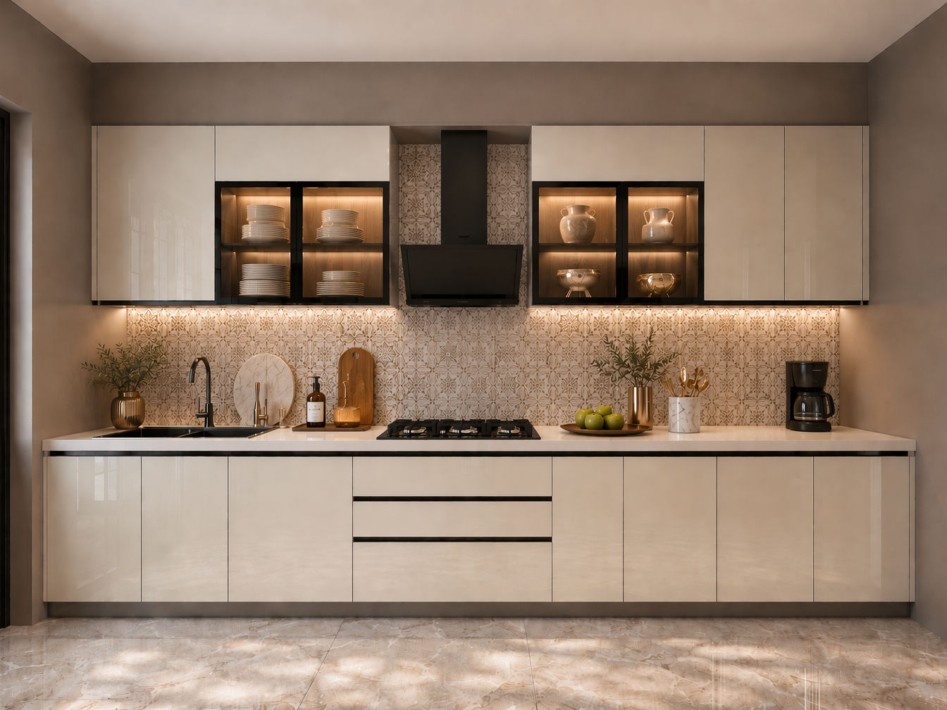 Single-wall kitchen with glossy cream cabinets, white countertop, illuminated glass display cabinets, and patterned beige tile backsplash - Beautiful Homes