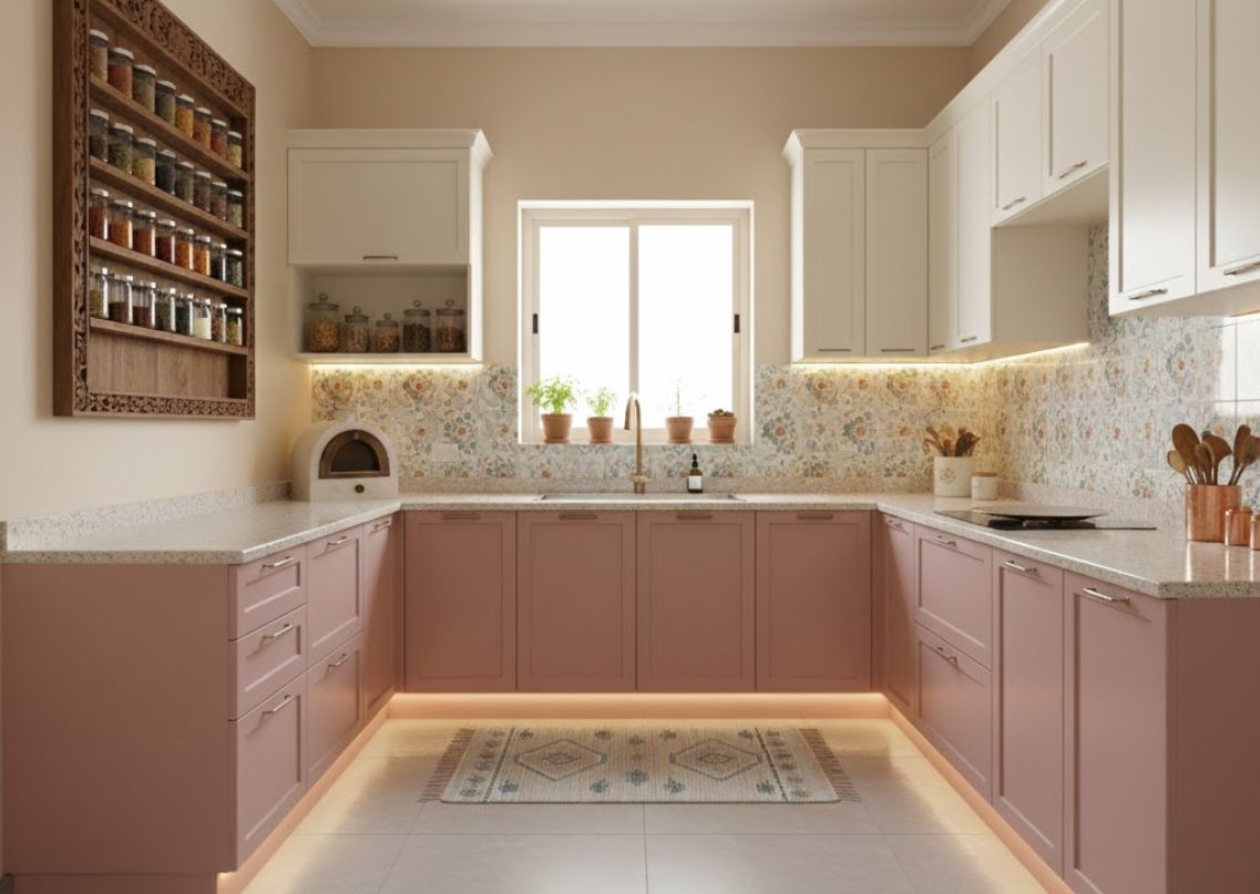 Pastel kitchen with floral tiles and pink cabinets - Beautiful Homes