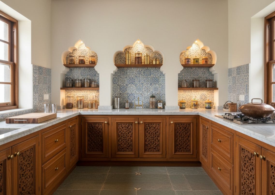 Kitchen with carved cabinets and blue patterned tiles - Beautiful Homes