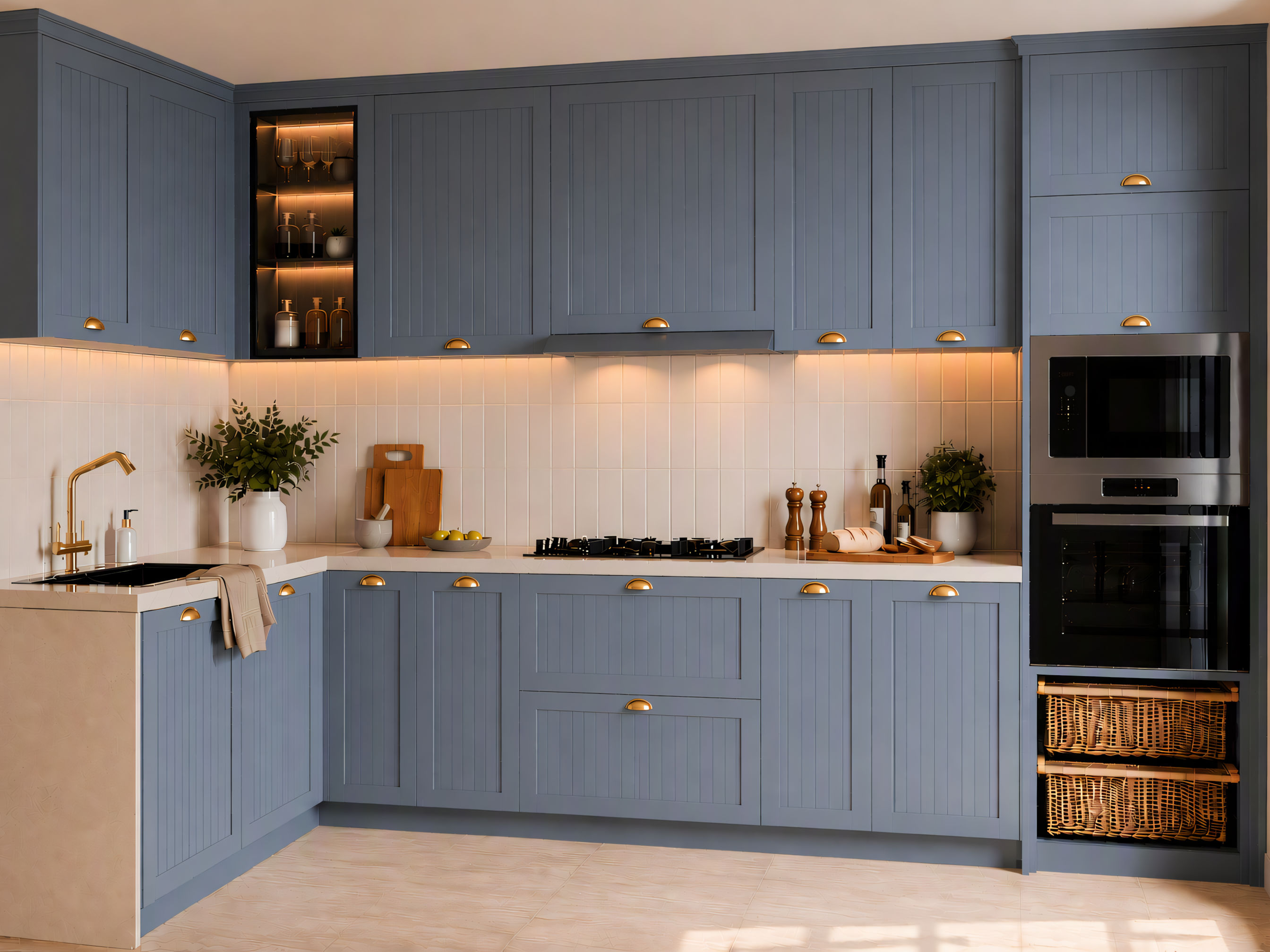 L-shaped kitchen with dusty blue-grey beadboard cabinets, brass hardware, a light stone countertop, and vertical cream tile backsplash - Beautiful Homes