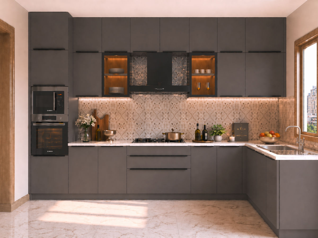 Modern L-shaped kitchen with matte charcoal grey cabinets, marble-look countertops, and patterned backsplash tiles - Beautiful Homes