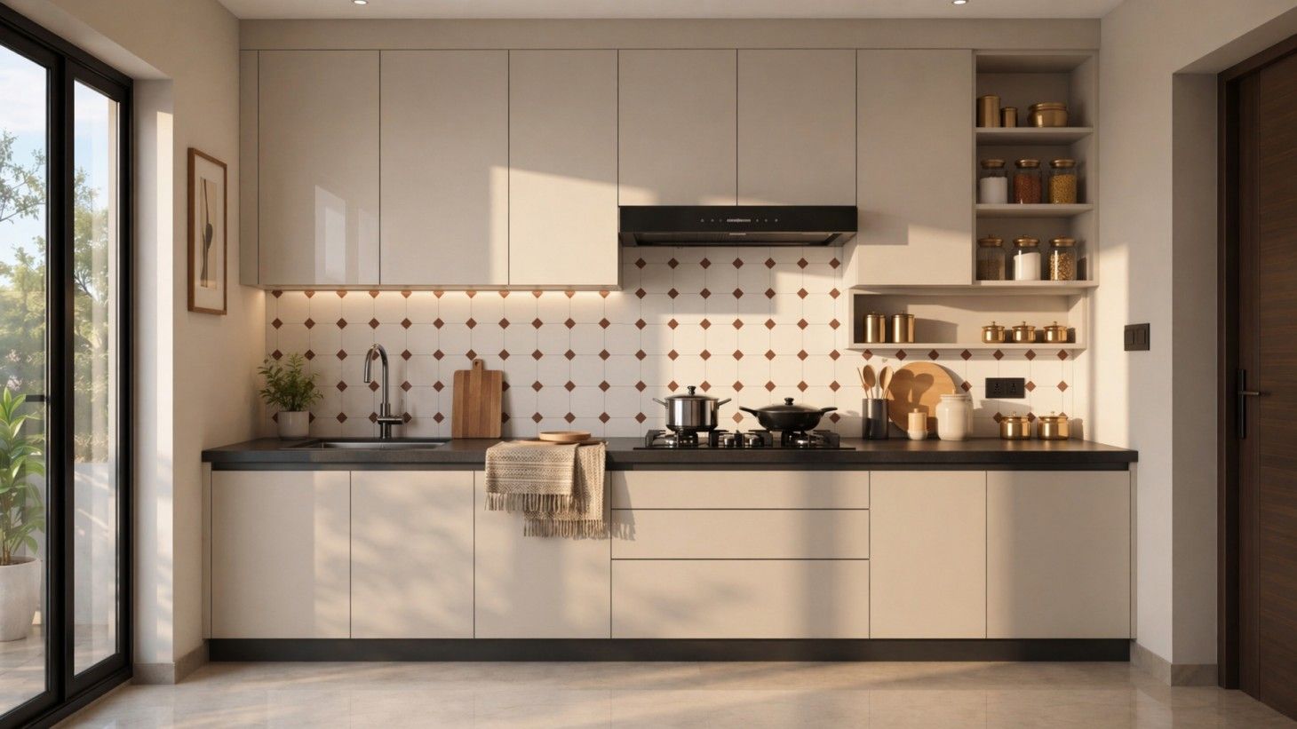 Modern kitchen with handleless beige cabinetry, a dark countertop, geometric white tile backsplash, and open shelving with brass accents - Beautiful Homes