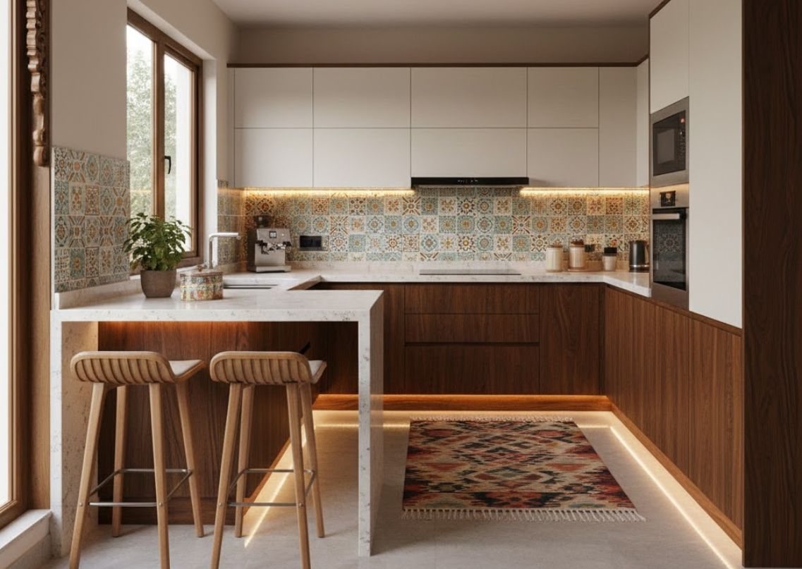L shaped kitchen with vibrant backsplash and bar stools - Beautiful Homes