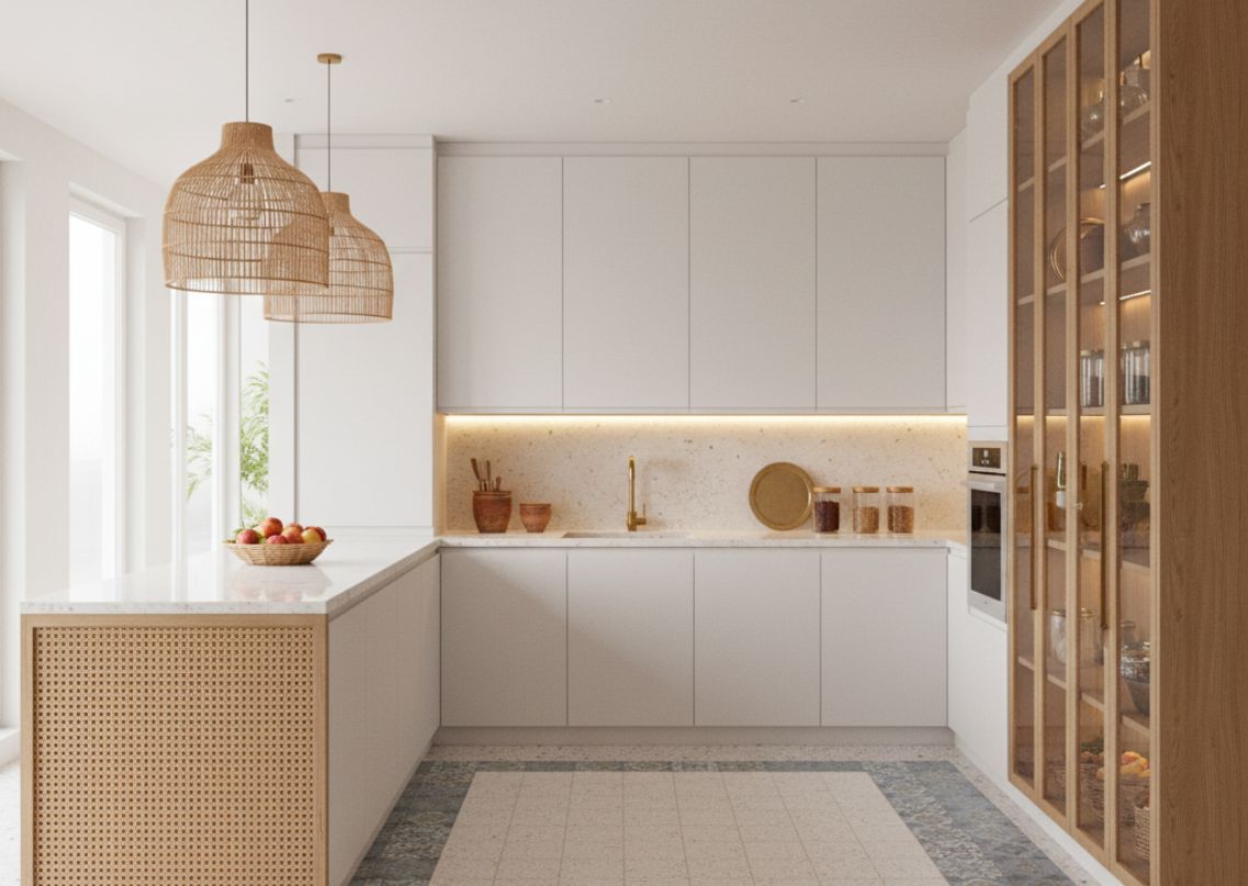 Modern kitchen with white counters and glass cabinetry - Beautiful Homes