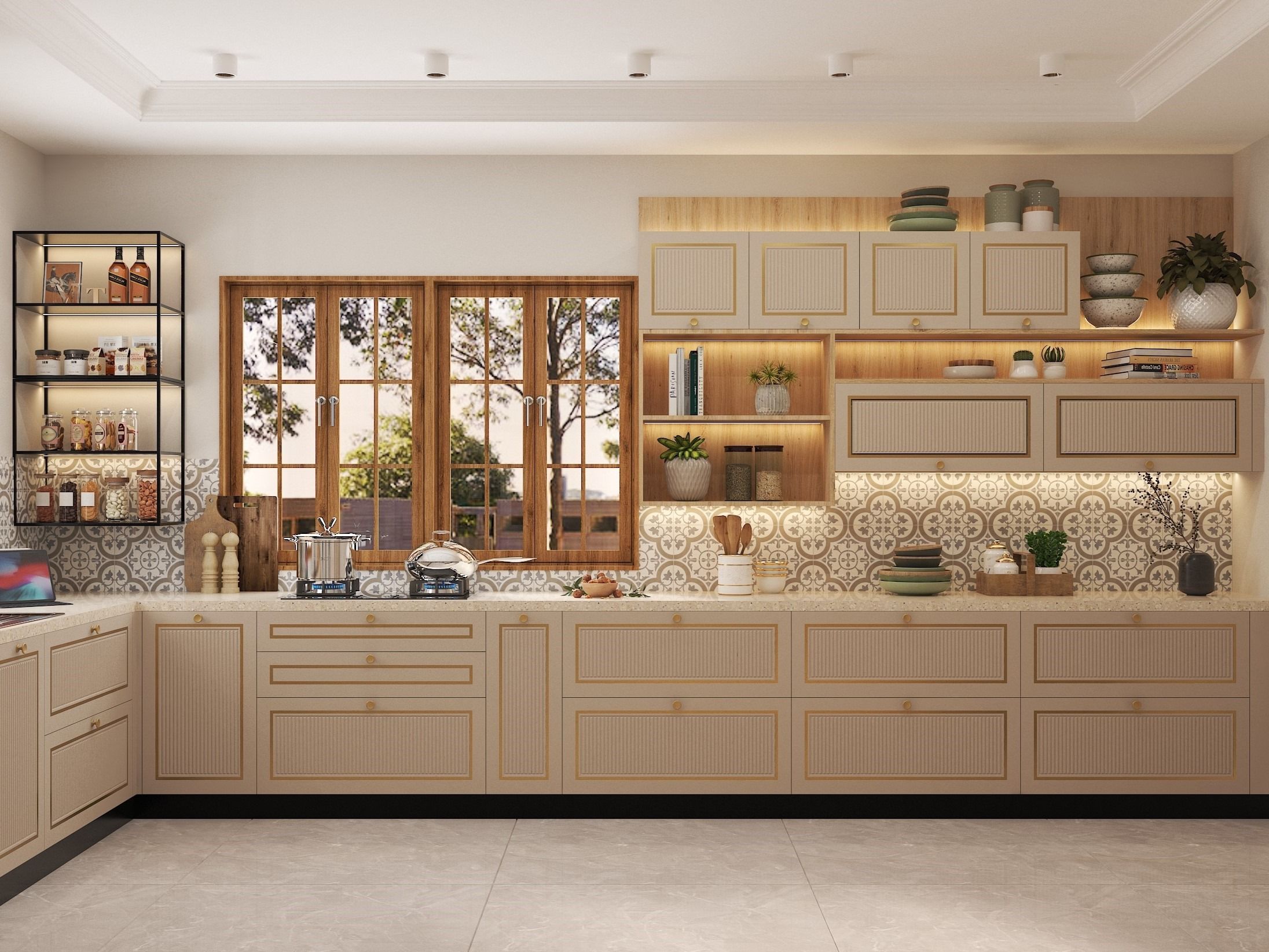 Modern L-shaped kitchen featuring patterned backsplash, open shelving, and gold-accented cabinets - Beautiful Homes