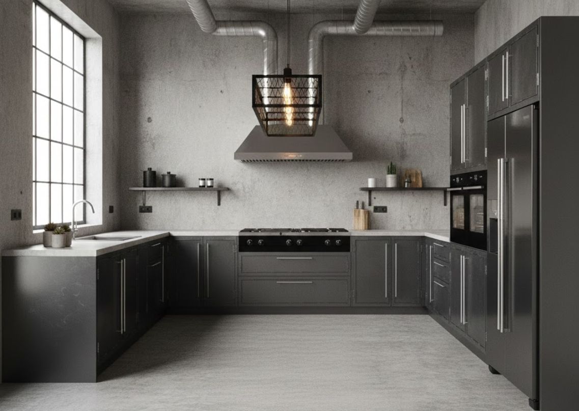 Modern industrial kitchen with grey cabinets - Beautiful Homes