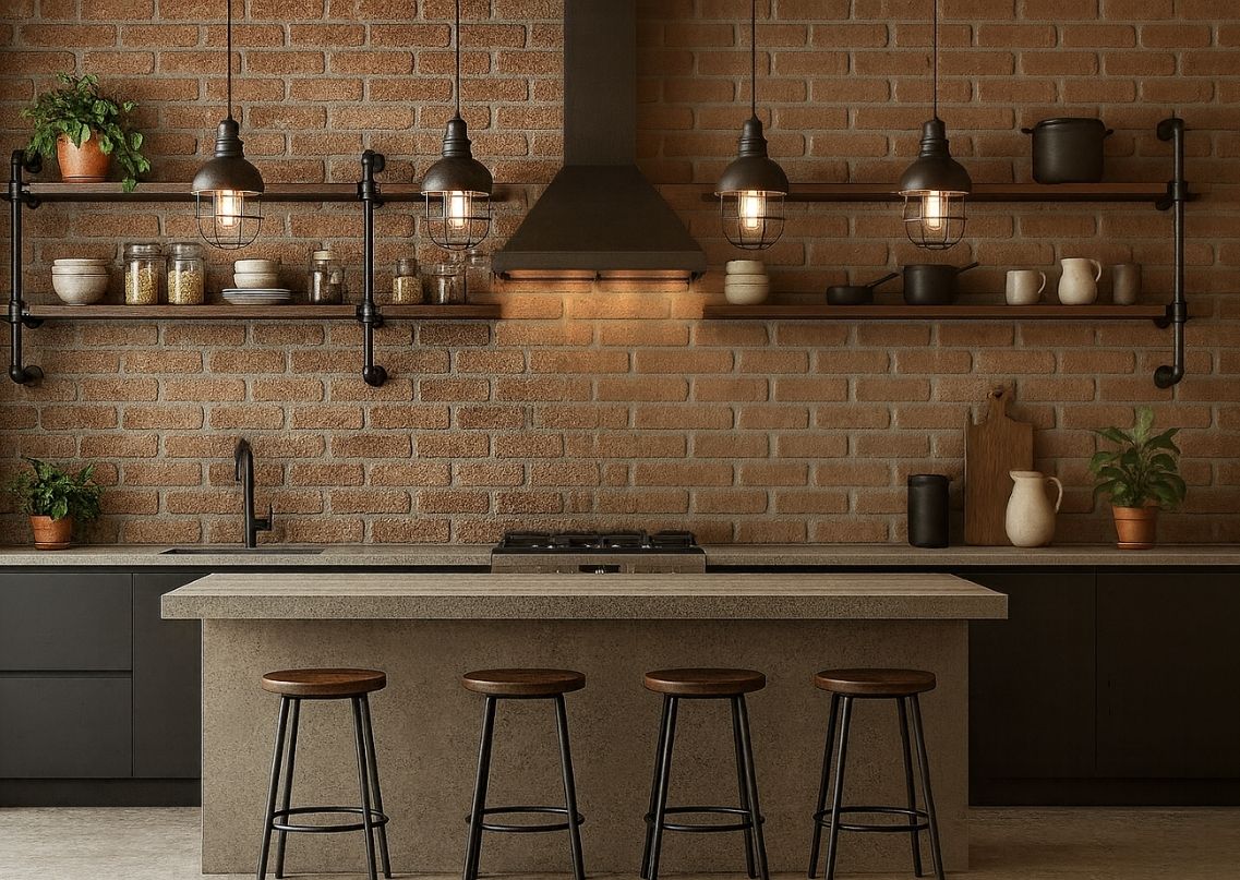 Industrial kitchen with brick wall and warm lighting - Beautiful Homes
