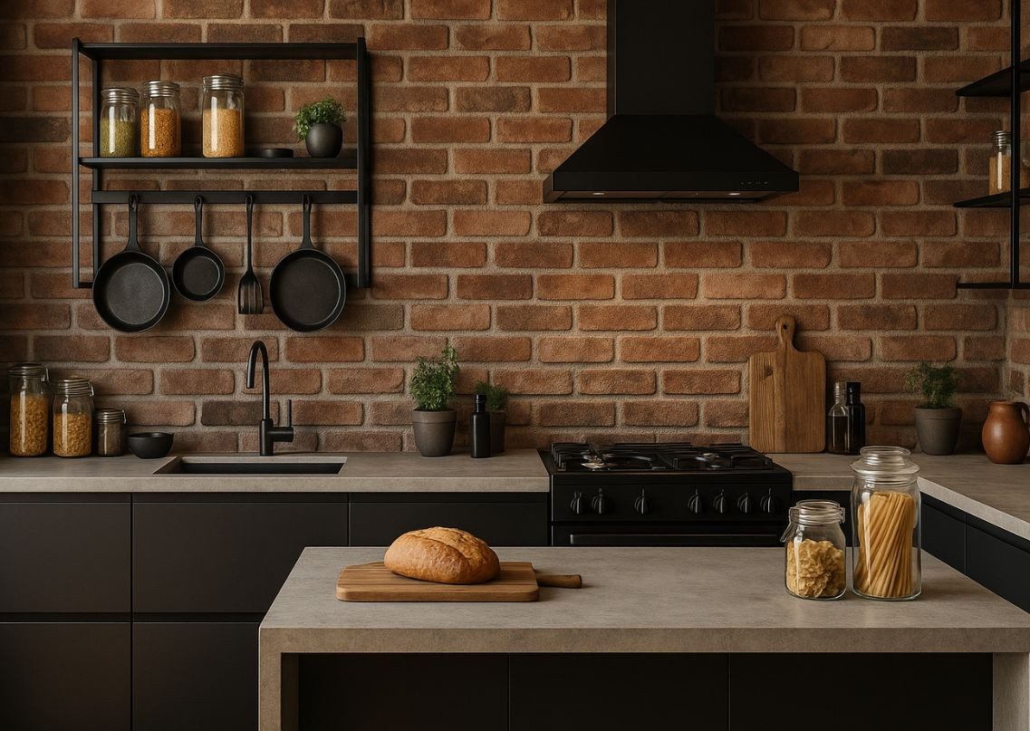 Industrial kitchen with brick wall and black cabinets - Beautiful Homes