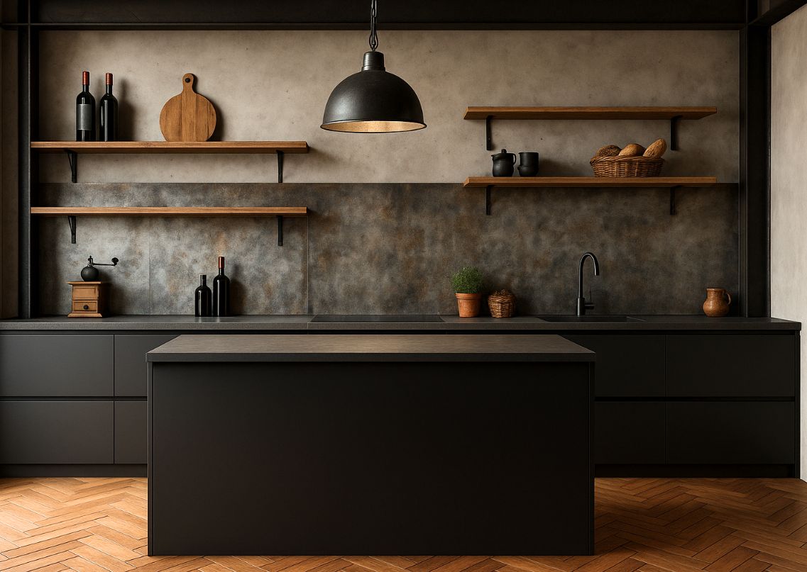 Black kitchen with island and wooden shelves - Beautiful Homes