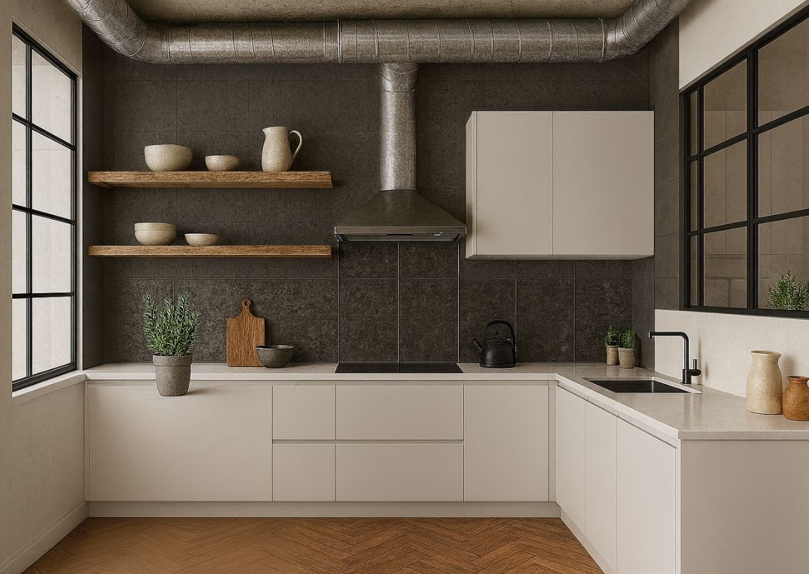 Contemporary kitchen with white cabinets and open shelving - Beautiful Homes