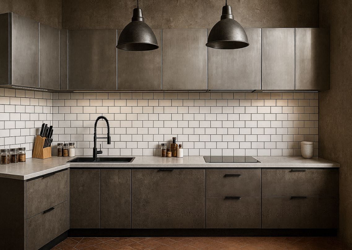 Neutral kitchen with textured cabinets and lighting - Beautiful Homes