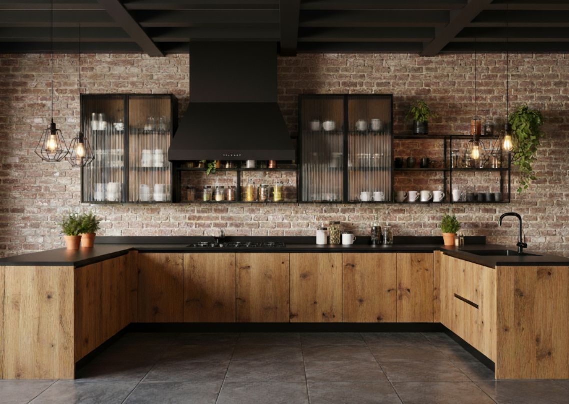 Industrial kitchen with brick walls and wooden cabinets - Beautiful Homes