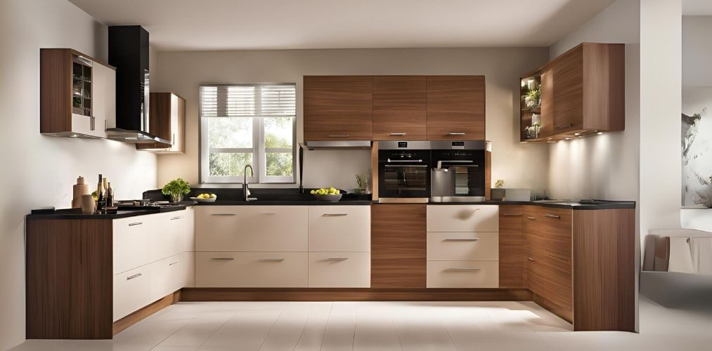 Irish cream and teak contemporary u-shaped kitchen design - Beautiful Homes