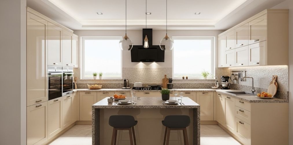 Beige kitchen with island and pendant lights - Beautiful Homes