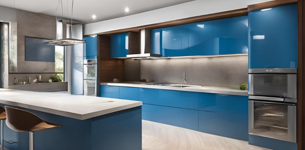 Island kitchen design with blue acrylic glossy cabinets - Beautiful Homes