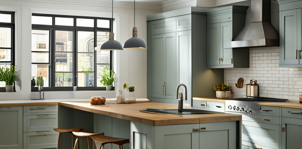 Grey island kitchen with modular kitchen cabinet-BeautifulHomes