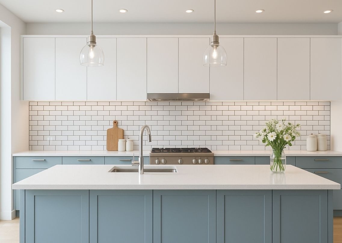 Contemporary kitchen with blue cabinets and island - Beautiful Homes