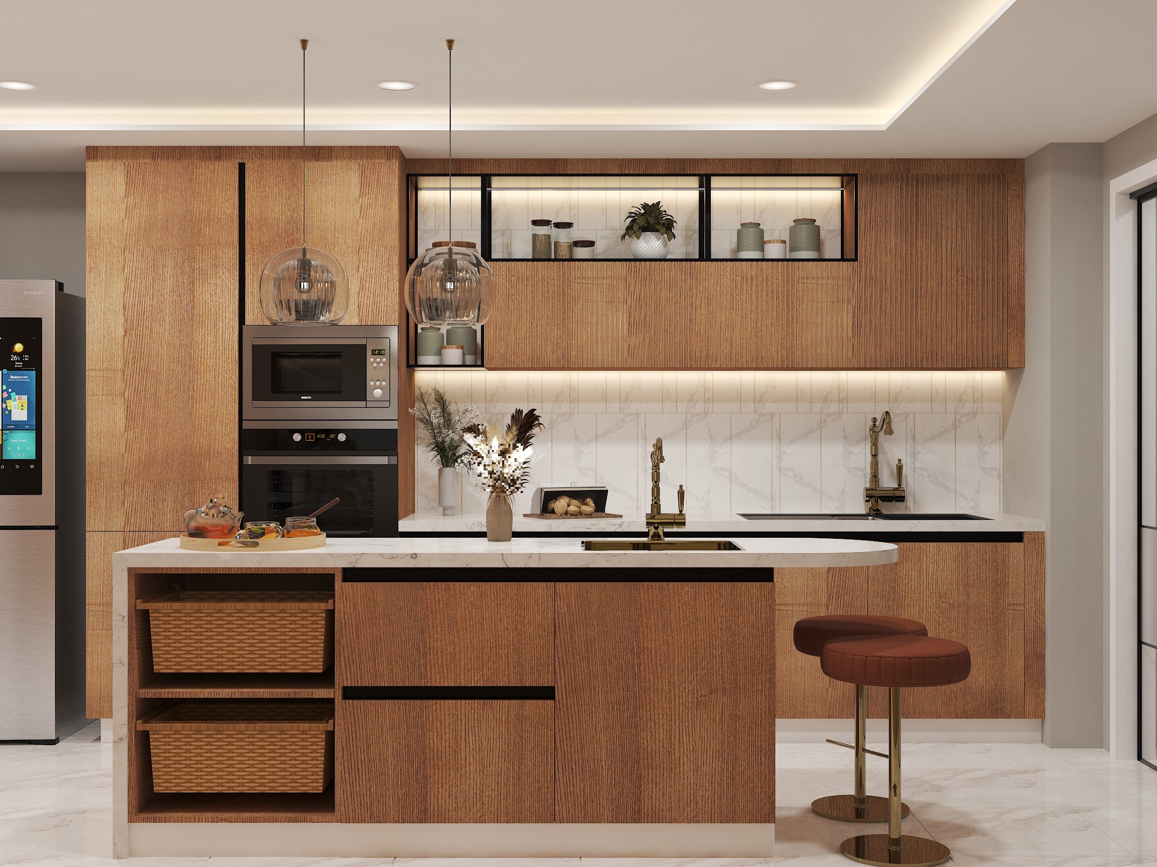 Wooden cabinets and marble kitchen design - Beautiful Homes