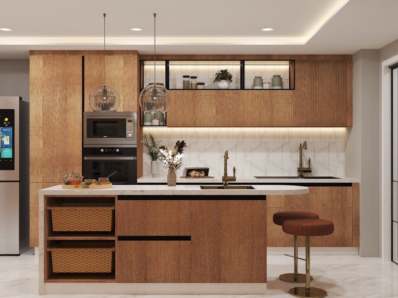Wooden cabinets and marble kitchen design - Beautiful Homes