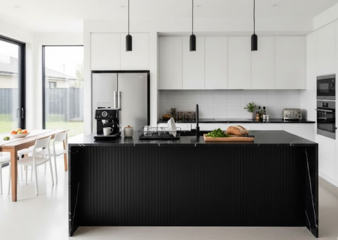 Modern kitchen with marble island and pendant lights - Beautiful Homes