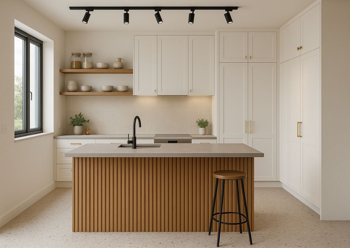 Modern kitchen with wooden island and white cabinets - Beautiful Homes
