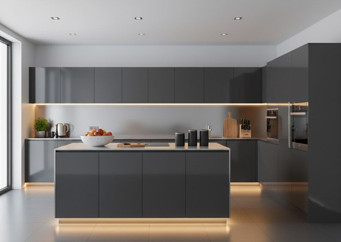 Modern grey kitchen with island and lighting - Beautiful Homes