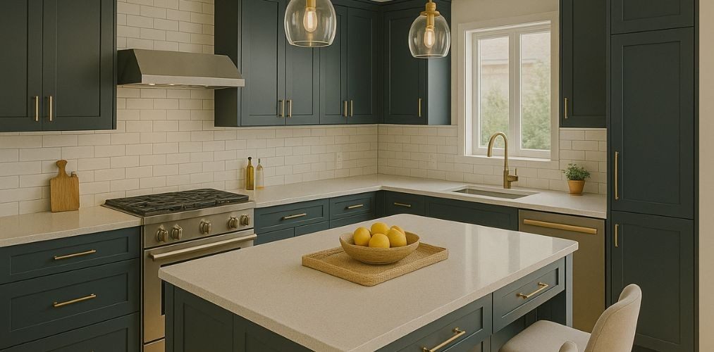 Modern kitchen with navy cabinets and white counters - Beautiful Homes
