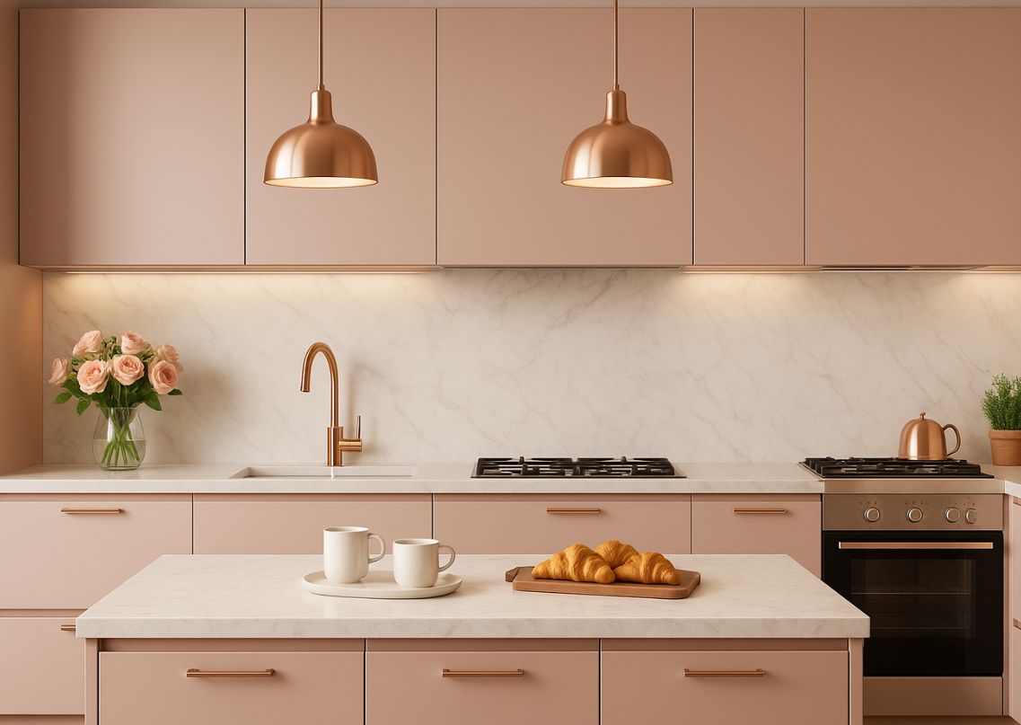 Pastel kitchen with marble counters and rose gold accents - Beautiful Homes