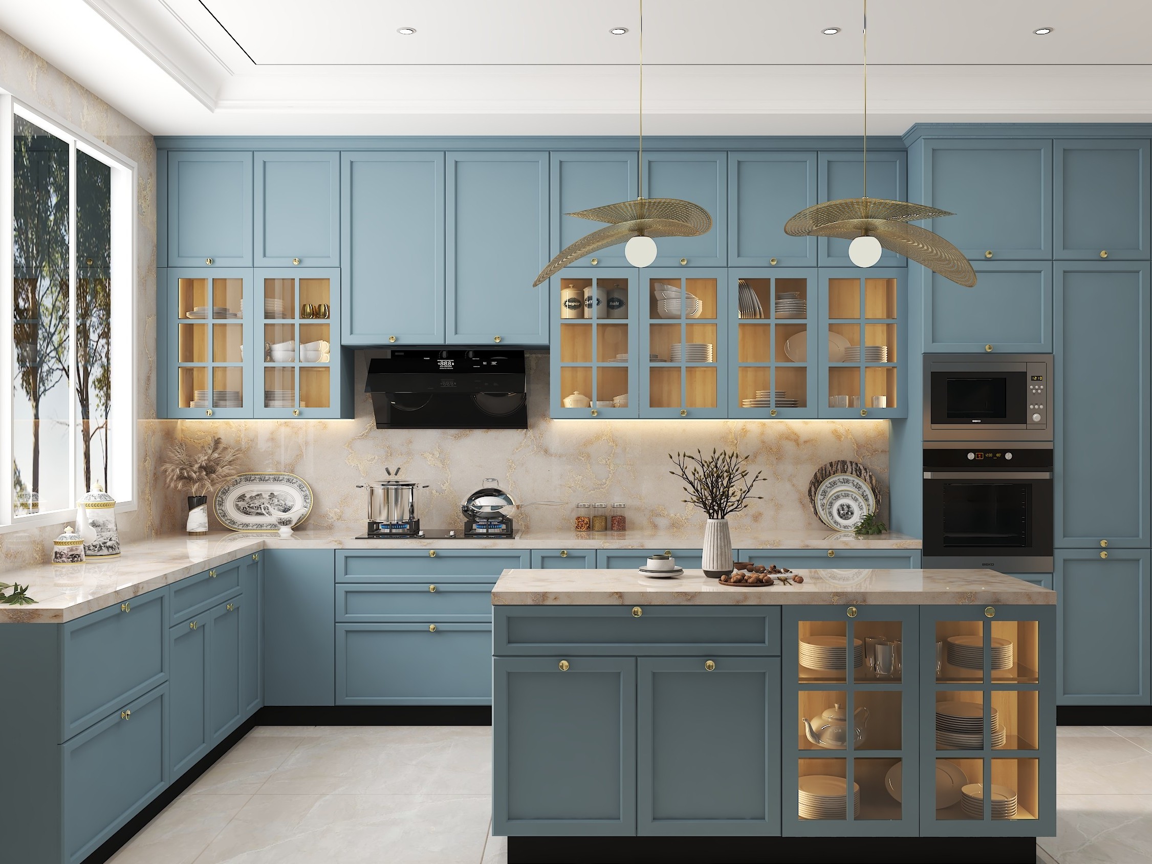 Blue modular kitchen with marble countertops - Beautiful Homes