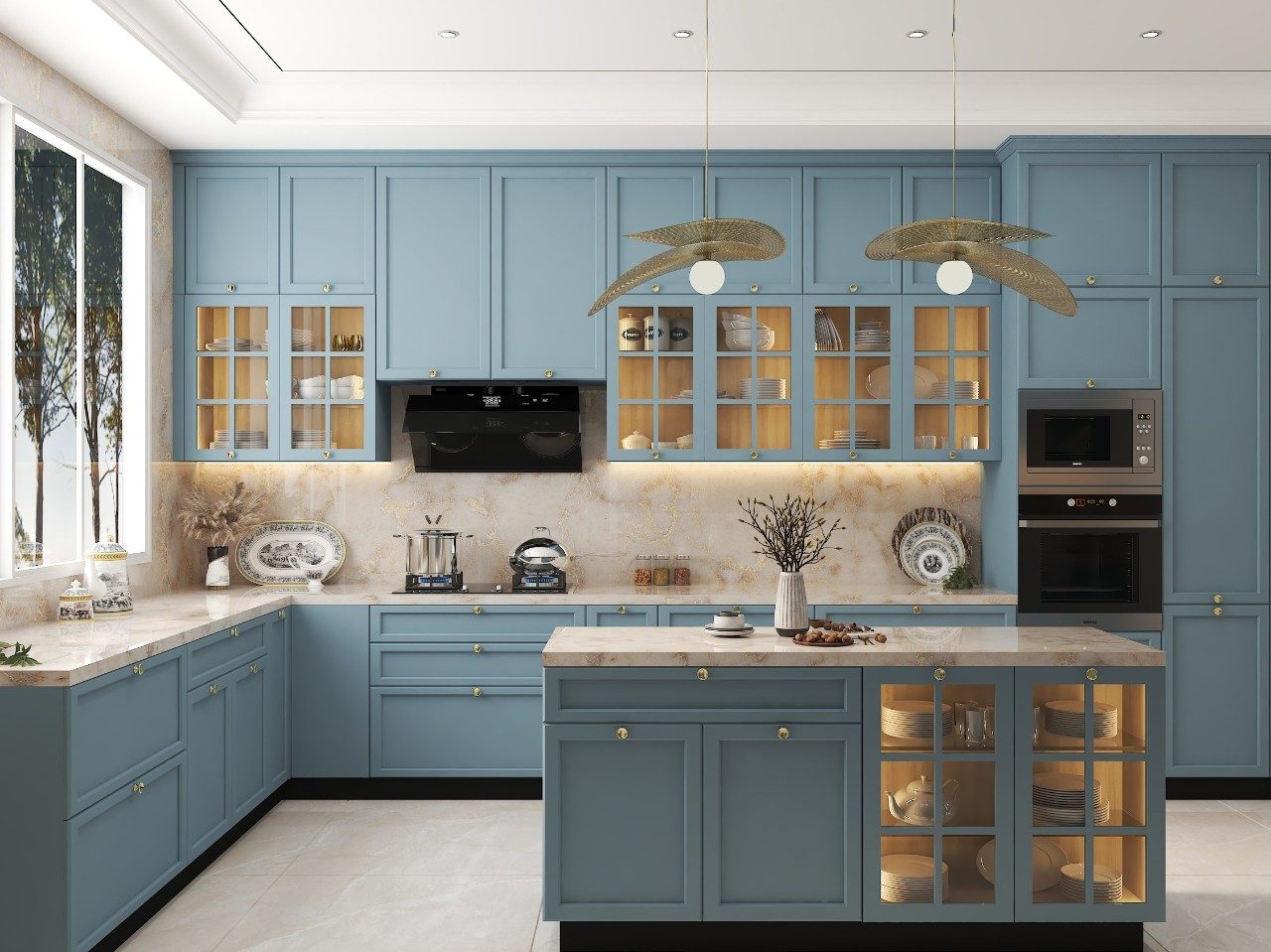 Blue modular kitchen with marble countertops - Beautiful Homes