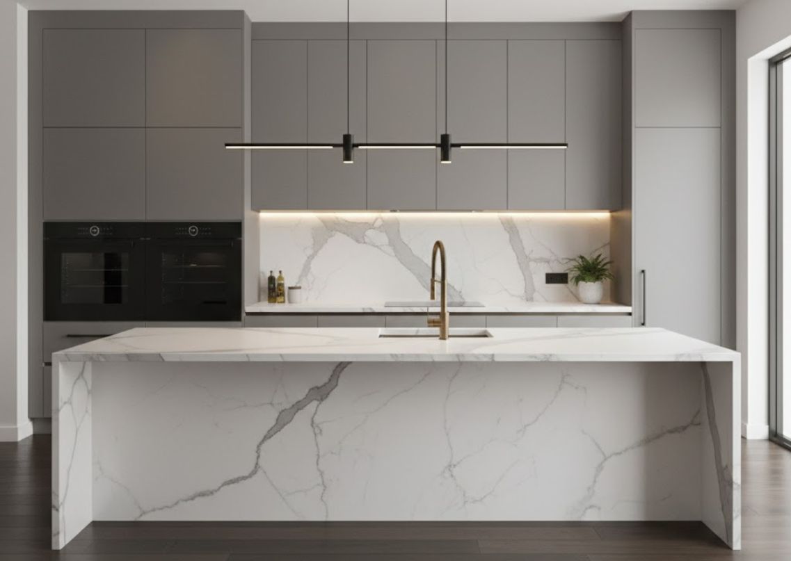 Modern kitchen with grey cabinets and marble island - Beautiful Homes