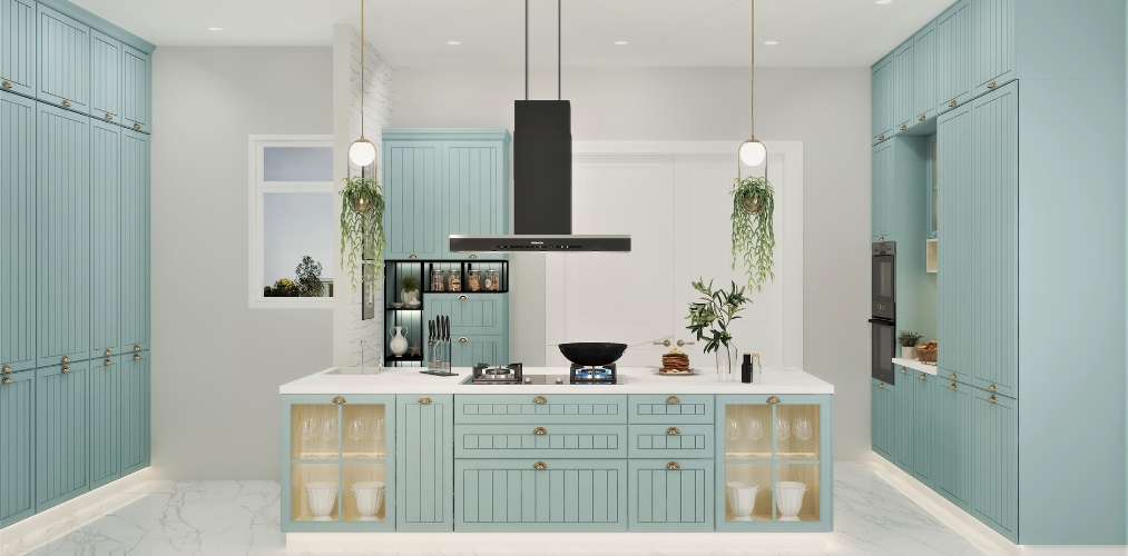 Island kitchen with white countertop and blue laminate with grooves-Beautiful Homes