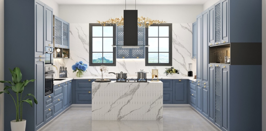 Island kitchen with white marble and blue PU shutters-Beautiful Homes