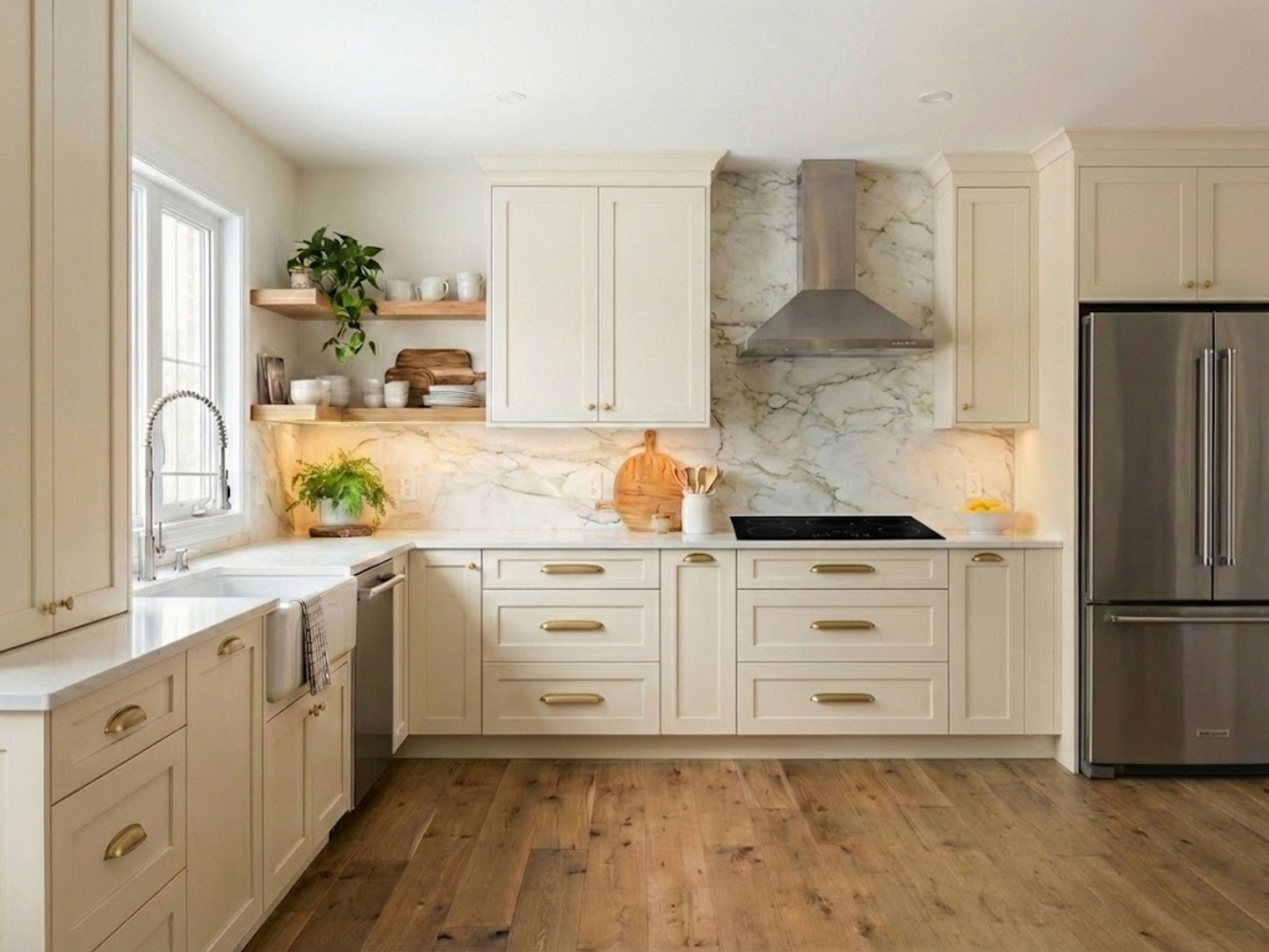 Bright kitchen with marble countertop and wooden floor - Beautiful Homes
