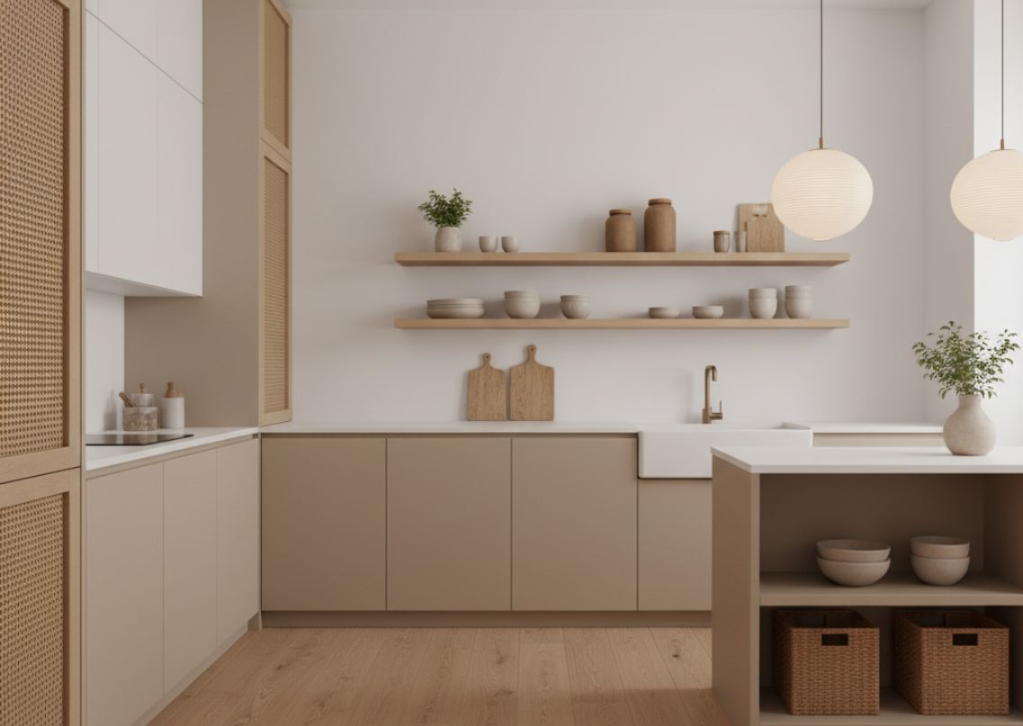 Japandi-inspired kitchen with matte beige base cabinets - Beautiful Homes