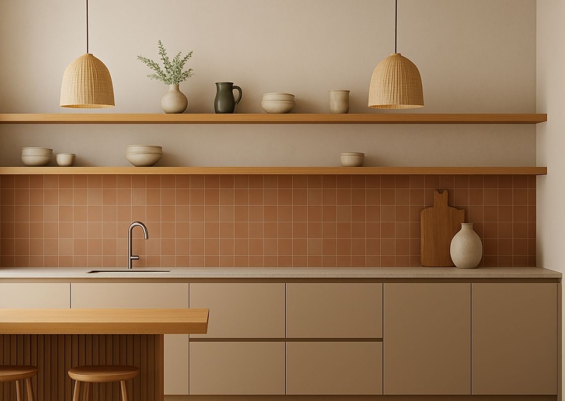 Modern beige kitchen with wooden shelves and tiles - Beautiful Homes